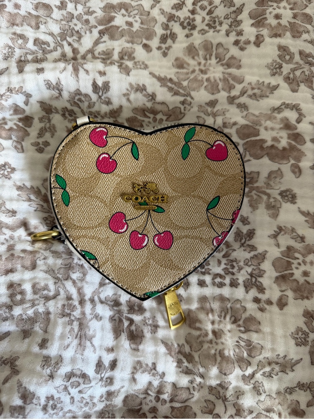 Coach Beige Signature Heart Coin Pouch with Pink Cherries